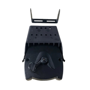 Black adjustable metal mounting bracket with dial knob and holes, isolated on white background.