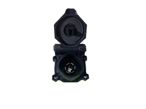 Black 7 pin trailer plug socket with open cover on white background
