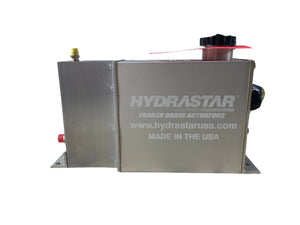 Hydrastar trailer brake actuator metal unit with labeled branding and fittings