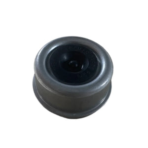 Metal trailer hub dust cap with black center, automotive replacement part