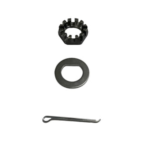 Metal castle nut, washer, and cotter pin set on white background