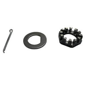 Metal cotter pin, washer, and castellated nut set on white background