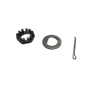 Metal castle nut, washer, and cotter pin on white background, hardware fastener set