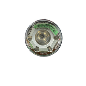 Bottom view of a clear glass jar with barcode and textured base on white background