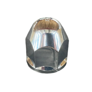 Chrome hex lug nut with reflective surface on white background