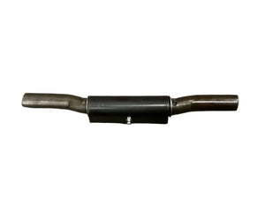 Automotive exhaust muffler with metallic inlet and outlet pipes on white background
