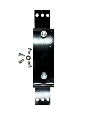 Black metal mounting bracket with bolts, washer, and screws on a white background