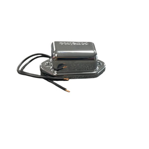 Chrome guitar pickup with exposed wires on white background