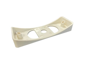 White plastic mounting bracket with circular cutouts on a plain background
