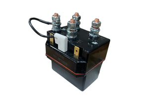 Heavy-duty black automotive relay solenoid with copper terminals and connector on a white background