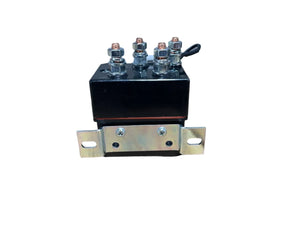 Heavy-duty black electrical relay with four copper terminals and metal mounting bracket