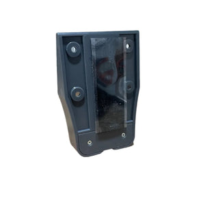 Black plastic wall mount bracket with four holes and central adhesive strip