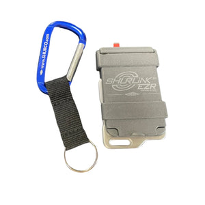 ShurLink EZR remote kit with blue Shurco carabiner and black strap on white background