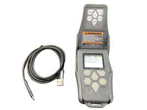 Handheld remote control device with display screen and buttons, USB cable attached