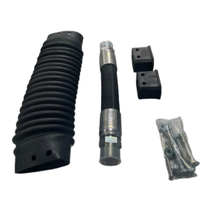 Power steering rack boot kit with hose, bushings, and mounting bolts set on white background