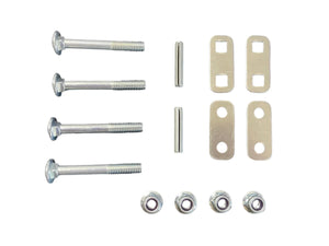 Metal hardware kit with four bolts, four lock nuts, two rods, and four flat brackets on white background