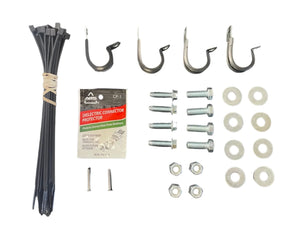 Trailer wiring kit with hooks, zip ties, dielectric connector protector, bolts, washers, nuts.