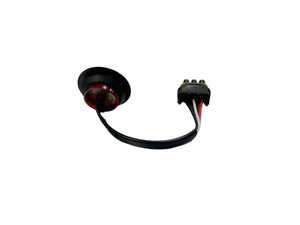Round red LED trailer light with three-wire connector on white background