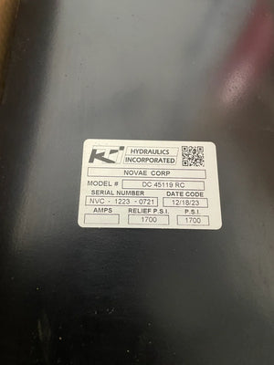 Hydraulics Incorporated Novae Corp model DC 45119 RC product label on black surface