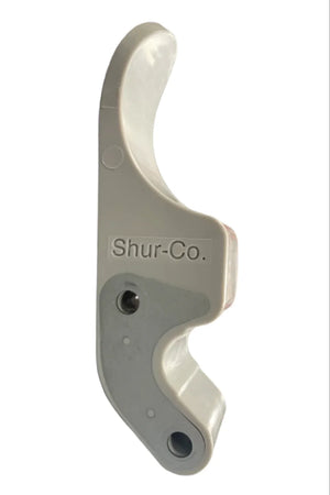 Shur-Co. gray plastic replacement handle with mounting holes on white background