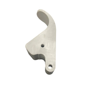 White plastic replacement part with mounting holes on white background