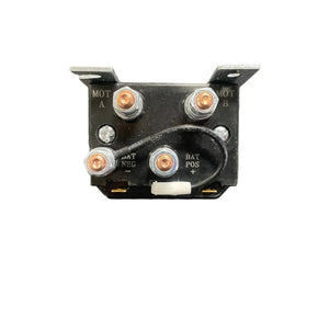 Electric motor relay switch with terminals labeled MOT A, MOT B, BAT NEG, and BAT POS