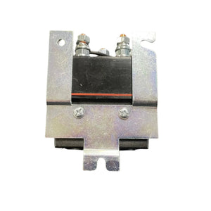 Metal electrical relay with mounting bracket and terminal screws on a white background