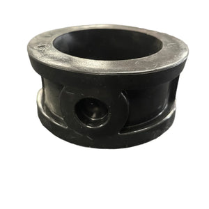 Black plastic pipe fitting coupler on white background, plumbing connector part