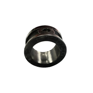 Black metal spool bobbin with hole, sewing machine accessory on white background