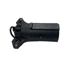 Black plastic e-bike battery holder mount with mounting holes and attached cable