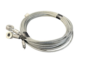 Steel wire cable with looped ends, coiled for industrial or mechanical use