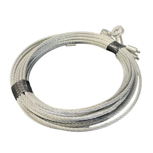 Coiled steel wire cable with metal loop ends on a white background