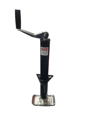 RAM trailer jack with black handle, steel base and label, isolated on white background