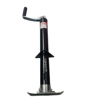 Black trailer jack with crank handle and foot plate, model TJR2000B, on white background.