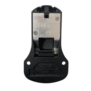 Black and silver plastic and metal clip wall mount bracket with screws, serial number visible