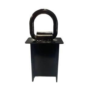 Heavy-duty black steel weld-on D-ring anchor for trailers or trucks on white background
