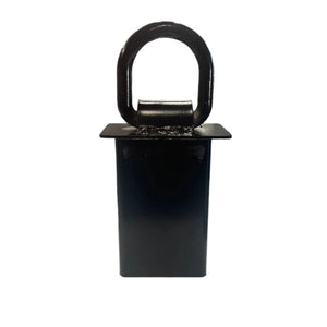 Black steel hitch receiver with welded loop ring on white background