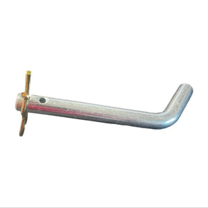 Silver L-shaped steel hitch pin with gold cotter pin on white background