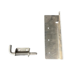Stainless steel spring bolt latch and mounting plate for gate hardware