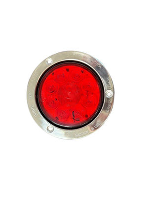Round red LED trailer tail light with metal trim, white background, Grote brand