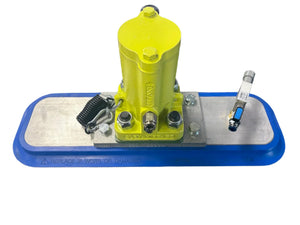 Industrial yellow pneumatic vacuum suction cup with metal base and blue rubber seal