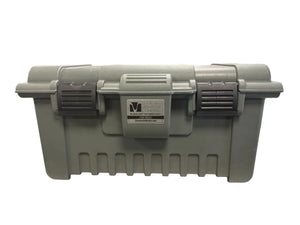 Gray plastic storage box with latches and Cleveland Vibrator Company logo on the front