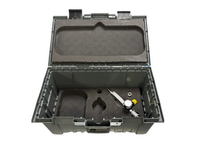 Gray plastic equipment case with foam insert and gas regulator inside, top open on white background