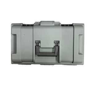 Heavy-duty gray plastic tool case with black handle on white background