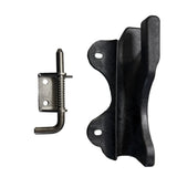 Black plastic bracket and metal latch on 