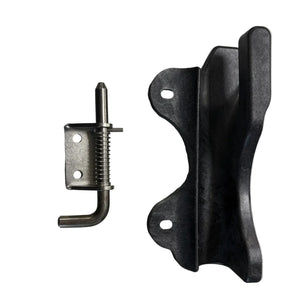 Metal spring latch and black mounting bracket hardware on white background