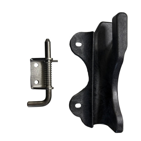 Black plastic bracket and metal latch on 