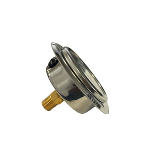 Side view of a stainless steel pressure gauge with brass connector on white background
