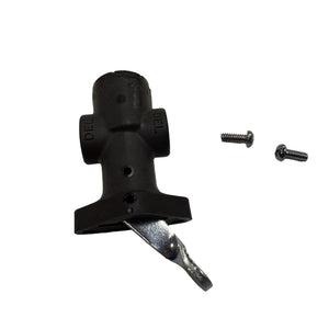 Black plastic beverage faucet spigot with metal lever and two screws on white background.