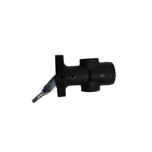 Black plastic valve lever component with metal handle on white background